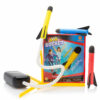 Shows the complete set for the air rocket toy, with 3 rockets, a pump, tube and a rack to help you aim.