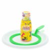 Shows the complete soap bubble starting kit with a bottle containing th emixture, the ring with a handle and the dish to store the mixture