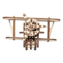 Shows the assembled wooden mechanical model of a biplane from the front