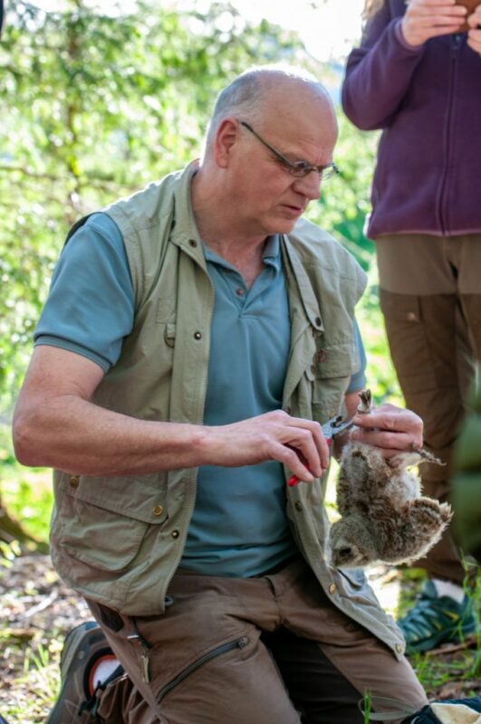 Shows a mand holding an owl